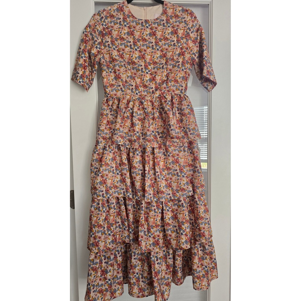 JESSAKAE Pink Neutral Floral Eiffel Tiered Midi Dress Short Sleeve Womens Size S